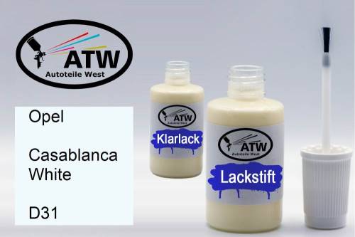 Opel, Casablanca White, D31: 20ml Lackstift + 20ml Klarlack - Set, von ATW Autoteile West.